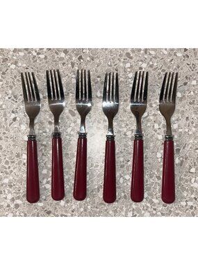 Stainless Fork Maroon Plastic Handle MCM Style Set of 6 Dinner Forks Flatware